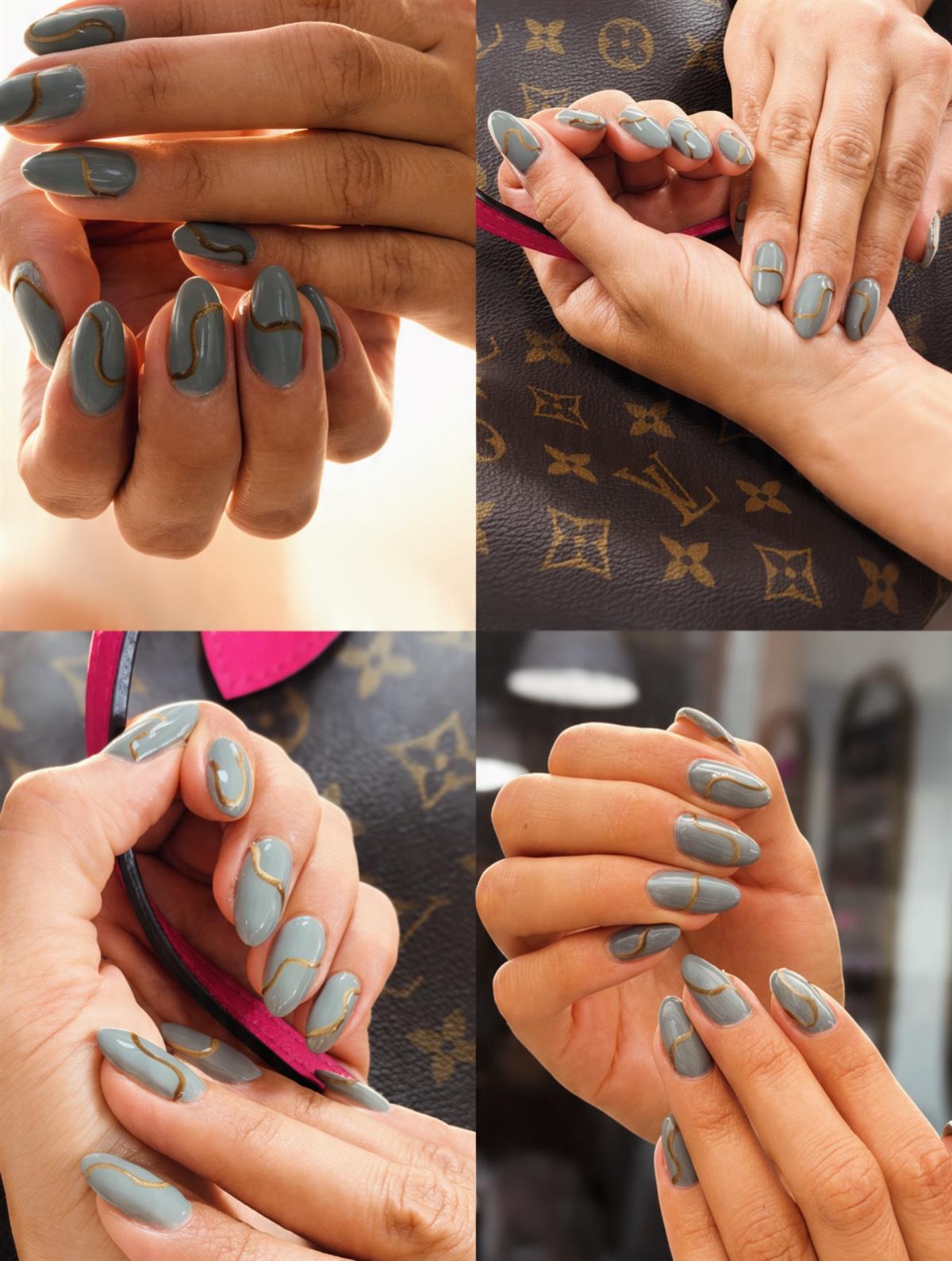 Uñas gris con líneas ocre